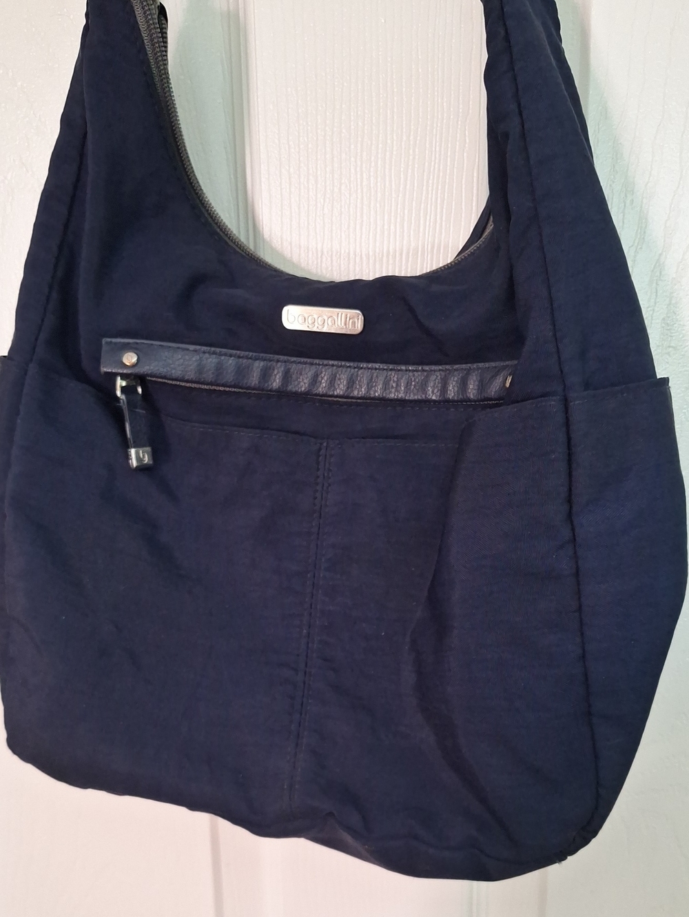 Navy Baggalini Hobo Bag with Front Zip Pocket And Front Pouches